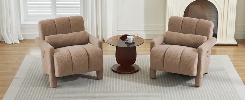 LOULENS Lambswool Accent Chair, Modern Upholstered Sherpa Accent Chair, Comfy Teddy Single Armchair with Pillow for Living Room, Bedroom (Beige, Backrest Under The Cushion)