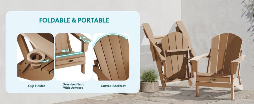 SERWALL Folding Adirondack Chair Set of 2 Outdoor Chairs Painted Adirondack Chair with Cup Holder Weather Resistant for Patio Deck Garden, Backyard Deck, Fire Pit- Brown