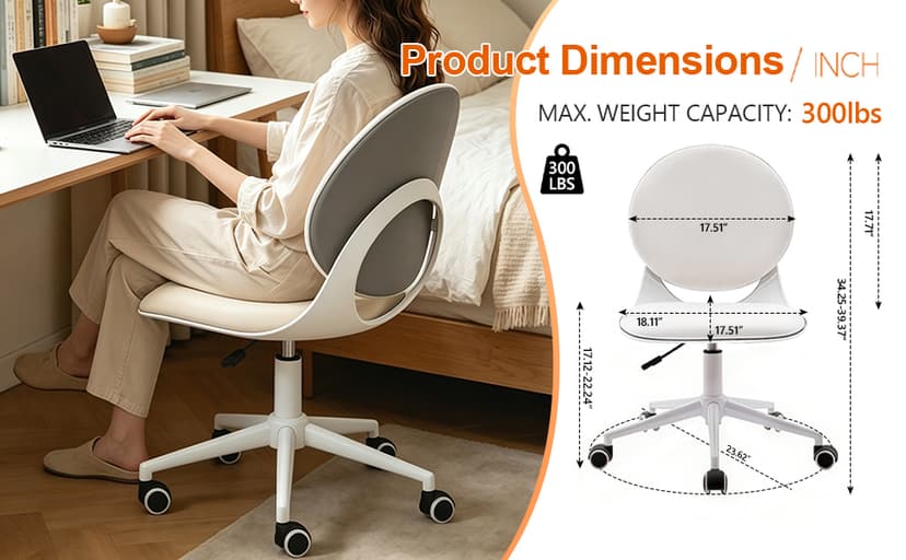 Modern Home Office Chair, Armless Faux Leather Fabric Desk Chair with Mid-Back, Swivel Height Adjustable Ergonomic Computer Task Chair for Office, Bedroom, Make Up, Study