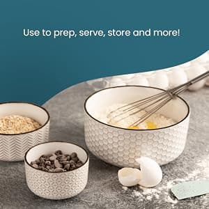 Narbonne Collection, Stackable, For Prep & Serving, 10/17/29/47 oz, Leak-Proof Lids, Steam Vent, Microwave & Dishwasher Safe KooK Ceramic Nesting Bowls with Lids, Embossed Stoneware, Set of 4, Ivory B0BJS6M86W