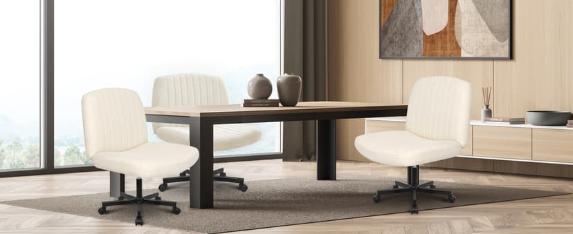 Orange Factory Criss Cross Chair Wheels Wide Cross Legged Office Desk Vanity Chair Comfy Fabric Armless Adjustable Swivel for Home Computer Task (Beige Wheel, Fabric)