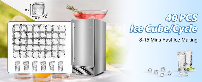 Under Counter Ice Maker, Ice Maker Machine Commercial, 120Lbs/24H with 35lbs Storage Bin, 40Pcs Cubes in 10Mins, Built in Ice Machine for Home Office Commercial