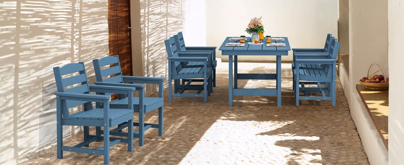 SERWALL 7-Piece Patio Dining Table Sets, Outdoor HDPE Dining Furniture Set with Umbrella Hole Cut-Out Table and 6 Chairs, Blue