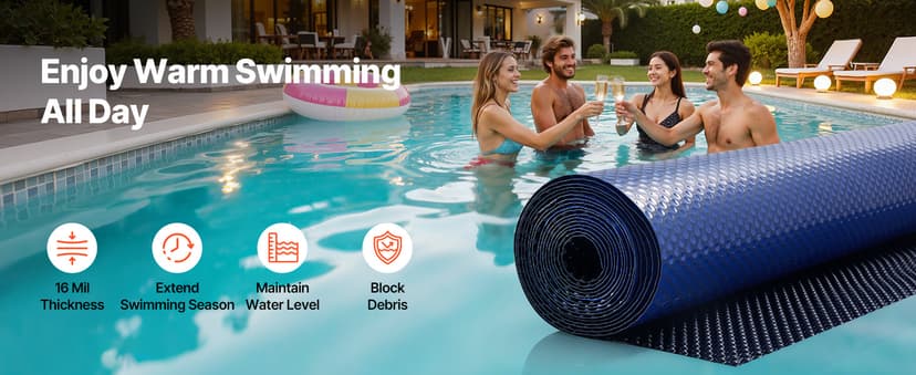 VEVOR Solar Pool Cover, 32 x 16 ft Pool Bubble Cover, 16 Mil Pools Solar Blanket with Dual Heat-Locking Air Layer for Pools, Daytime Heat Absorption, Nighttime Heat Retention, Blue & Silver, Cuttable