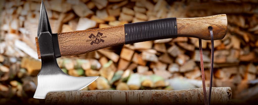 Grumpy Bear 15" Camping Hatchet, Survival Axe with Sheath, High Carbon Steel and Wood Handle, Anti-Slip Grip – Ideal for Bushcraft, Wood Splitting & Outdoor Adventures