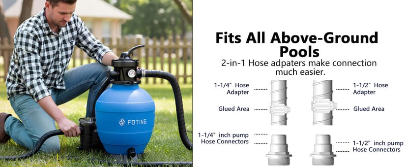 FOTING Sand Filter Pump for Above Ground Pool, Pool Sand Filter with Timer, 7-Way Multi-Port Valve, Pool Pumps Above Ground, 13in 1HP 3800GPH for 13000GAL Pool