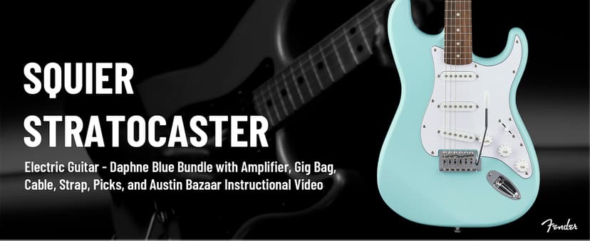 Fender Squier Stratocaster Electric Guitar - Daphne Blue Bundle with Amplifier, Gig Bag, Cable, Strap, Picks, and Austin Bazaar Instructional Video