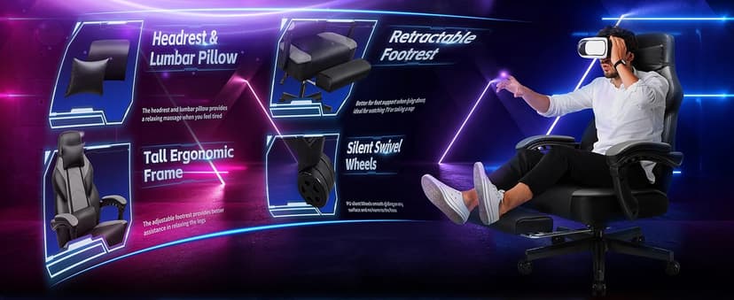 DL-win Gaming Chairs for Adults, Computer Chair with Footrest and High Back, Big and Tall Gamer Chair's with Massage Lumbar Support, 360° Swivel Height Adjustable Gaming Chair, Grey