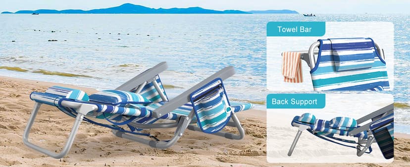 Suteck Backpack Beach Chairs for Adults, 5-Position Lay Flat Reclining Chair with Cooler Pouch, Cup Holder, Towel Bar, 2-Pack Portable Folding Beach Chair for Lawn Outdoor (1, Light Blue)