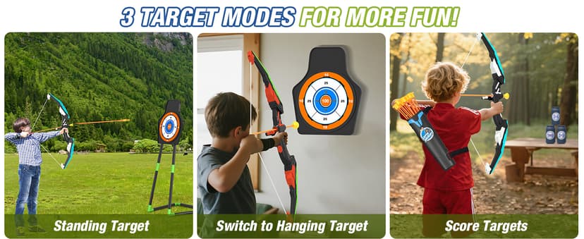 2 Pack Bow and Arrow for Kids, LED Light Up Archery Set with 24 Suction Cup Arrows, 1 Standing Target, 6 Score Targets & 2 Quiver, Indoor Outdoor Sport Gifts for Boys Girls Ages 4-8