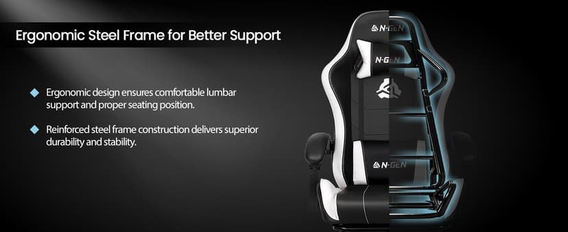 N-GEN GAMING Video Gaming Chair with Footrest Lumbar Support for Home Office High Back Recliner Height Adjustable Ergonomic Comfy Leather Computer Desk Chair (White)