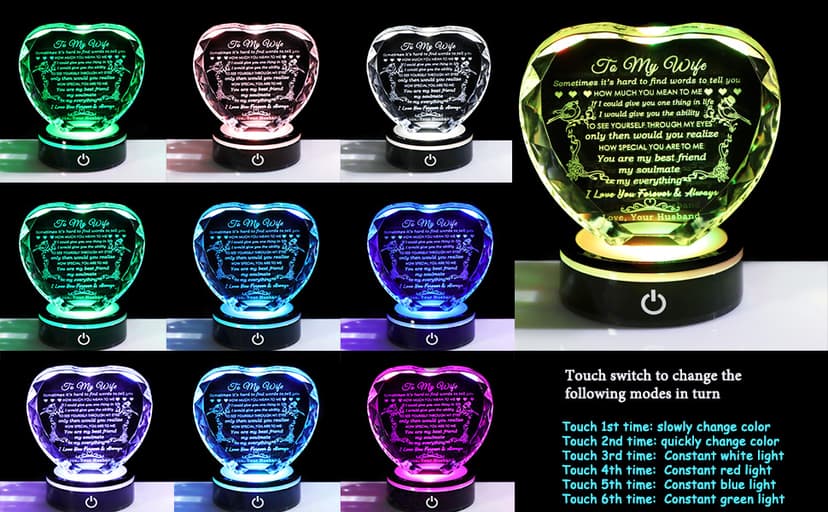 YWHL Gifts for Wife with Colorful LED Base Romantic Wedding Anniversary I Love You Gifts for Her Best Wife Birthday Gift Ideas to My Wife Crystal Keepsakes Presents from Husband