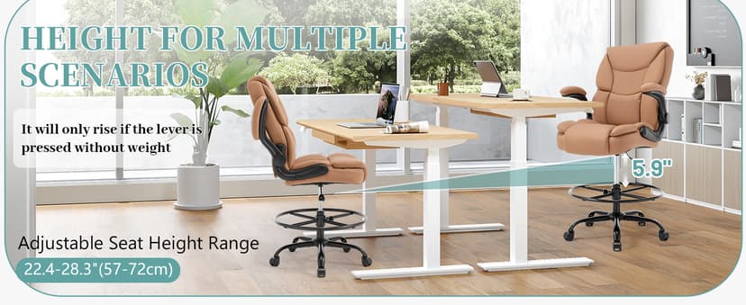 Ergonomic Drafting Chair, Tall Office Chair for Standing Desk, High Back Standing Desk Chair with Flip-Up Armrest, Adjustable Height&Foot Ring, Executive PU Leather Extended Height Office Chairs,Brown