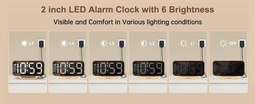 Peakeep Slim Digital Mirror Aesthetic Alarm Clock for Bedrooms Desk Decor - Plug in Electric Big LED Modern Small Clock for Office Living Room, Battery Backup, 6 Dimmers (Gold)