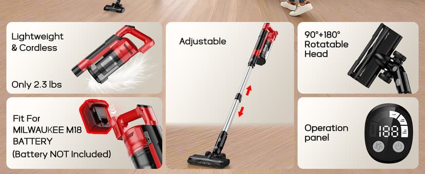 350W Cordless Vacuum Cleaner for Milwaukee M18 Battery, 35kPa Brushless Lightweight Stick Vacuum with 3 Mode Suction, 6 in 1 Stick Vacuum Cleaner with HEPA for Floor, Carpet, Car, Battery Not Included