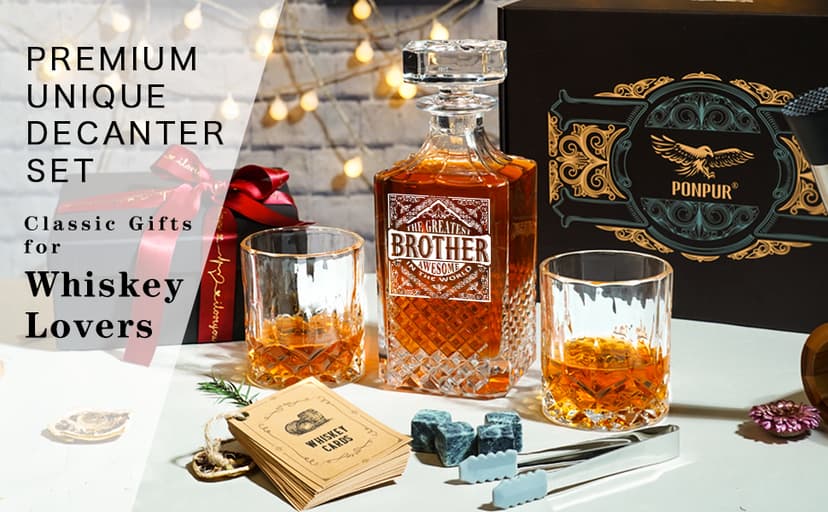 PONPUR Gifts for Brother, Whiskey Decanter Set with 2 Whisky Glasses, Unique Cool Stocking Stuffers Birthday Gift for Brothers from Sister, Best Christmas Presents for Men