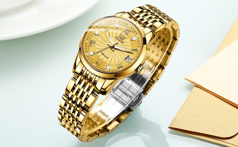 OLEVS Womens Automatic Watches Gold Classic Diamond Ladies Self Winding Mechanical Two Tone Stainless Steel Wrist Watch Date