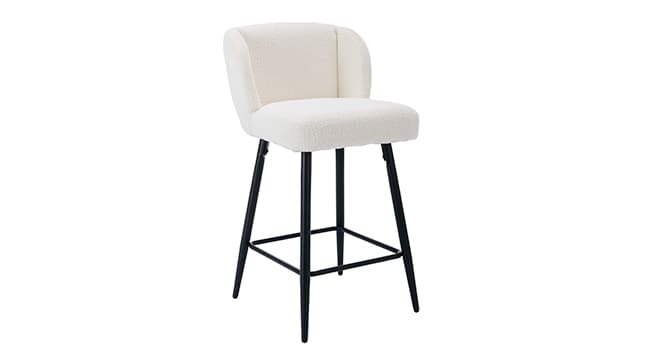 Modern Counter Height Bar Stools Set of 2, 26 Inch Faux Sherpa Upholstered Bar Stools with Back, 18" Seat Wide Island Stools with Black Metal Frame for Kitchen Counter/Breakfast Bar/Restaurant, White