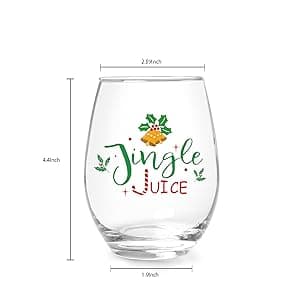 Jogskeor Jingle Juice Christmas Wine Glass, 15 Oz Christmas Stemless Wine Glass for Friends Women Men, New Year Gift Idea for Christmas Wedding Party