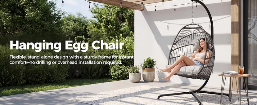 NICESOUL Hanging Egg Chair with Stand Indoor Outdoor, Comfy Patio Rattan Swing Hammock Chairs with Cushion, 350lbs Capacity Egg Shaped Chair for Lawn Backyard Balcony Bedroom, Birthday Gift, Beige