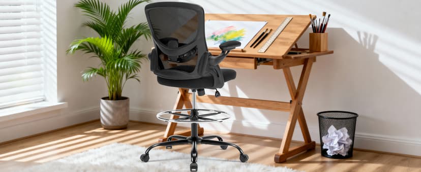 Drafting Chair Ergonomic Comuputer Standing Desk Chair with Flip-Up Arms and Lumbar Support, Tall Office Chair with Adjustable Footrest, Stool Counter Height Office Chairs Black