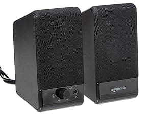 Amazon Basics USB-Powered Computer Speakers with Volume Control for Desktop or Laptop PC, Compact Size, Headphone Jack, Portable, Plug-N-Play, Black