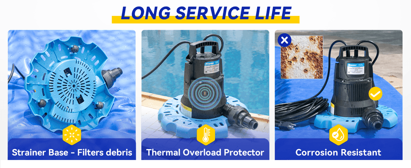 Acquaer 1/4 HP Automatic Swimming Pool Cover Pump, 2250 GPH Submersible Sump Pump with 3/4” Check Valve Adapter & 25ft Power Cord, Water Removal for Pool, Hot Tubs, Rooftops, Water Beds and more