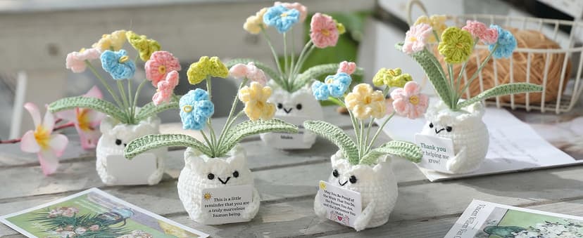 Cute Gifts for Women, Boss Day, Teacher Appreciation, Coworker & Nurse Thank You Gift, Desk Decor, 4.7 In H × 2.4 In W Forget-Me-Not Crochet Flower Potted Plant Gift B0F26ST99P