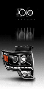 AmeriLite for 2009-2014 Ford F150 Truck LED Bar Square Projector Halogen Black Headlights Set High/Low Beam Bulb Included - Driver and Passenger Side