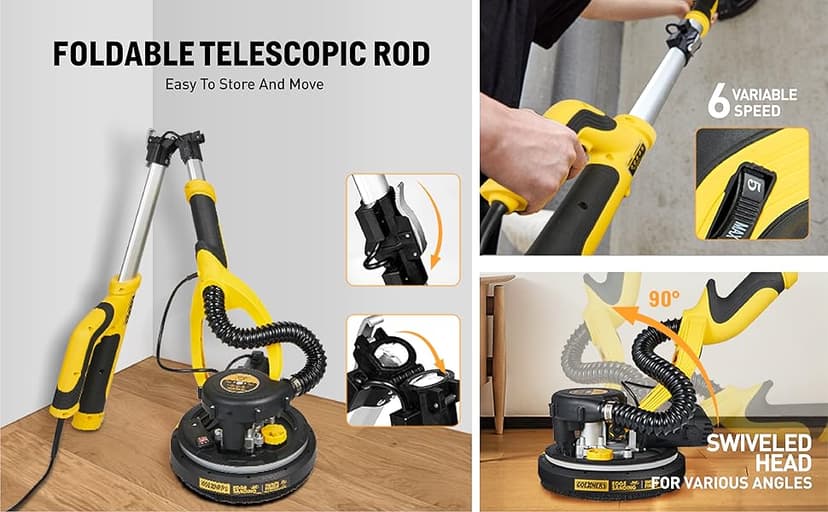 Drywall Sander, 6.5-amp Powerful Electric Drywall Sander with Vacuum, Anto Dust Removal, 7 Variable Speed, 900-1800RPM, Dustless Floor Sander with 26’ Power Cord for Popcorn Ceiling