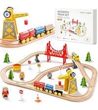 Tiny Land 110pcs Wooden Train Set with Folding Storage Box, Wooden Train Track Toy for Boys & Girls, Age 3-7, Includes Convenient Storage