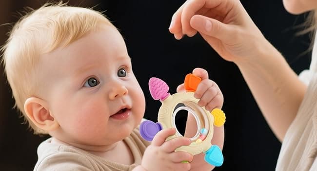 VTECHOLOGY Baby Teething Rings Toys for 0-6 6-12 Months Baby Rattle Teether Sensory Toys for Babies 0-24Months Silicone Teether Relief Chew Soothing Sore Gums for Newborn Infant Essentials BPA Free