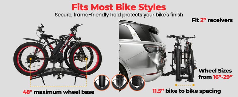 Ebike Rack with Ramp for 2 E-Bikes, Hitch Bike Rack Fits 5" Fat Tire, Heavy-Duty Platform Carrier with Ramp, Foldable Tilting Locking, 2" Receiver for Cars SUVs Trucks, No Assembly