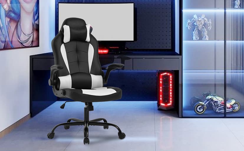 PayLessHere Gaming Chair Desk Chair Gamer Chair Ergonomic Office Chair With Lumbar Support Padded Up Arms Adjustable Headrest Pu Leather High Back Office Chair Gamer Chair For Adults Women Men (White)