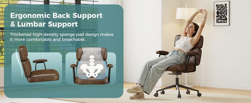 OLIXIS Ergonomic Home Office Desk Chair, PU Leather Computer Chair with Lumbar Support Adjustable Height Rolling Swivel Executive Task Armrests Chair, Modern Brown