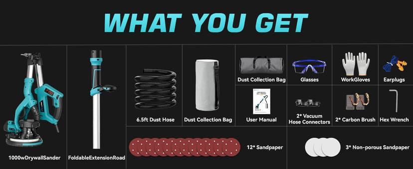 Drywall Sander with Vacuum Dust Collector, 1000W Popcorn Ceiling Removal Tool, Electric Drywall Sander with Digital Display Screen 9 Variable Speed 800-2100RPM, Foldable & Extendable Handle