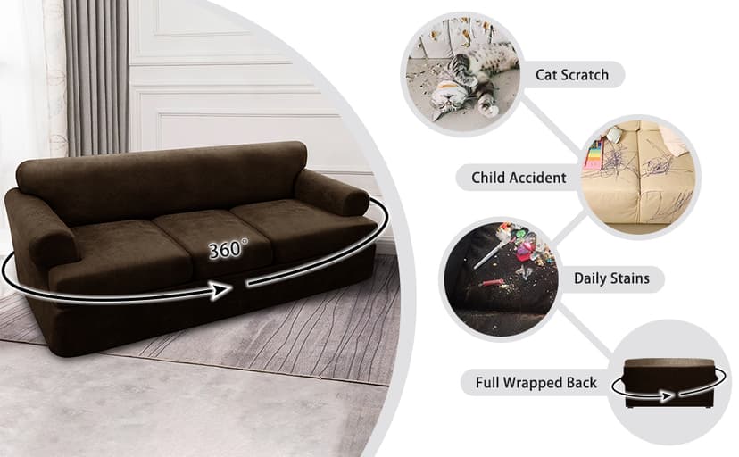 Pfrstuv 4-Piece T Couch Cover - Leather Look Slipcovers for 3 Cushion Sofa, Washable, Coffee