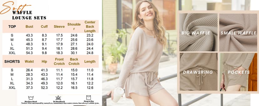 Drop Shoulder Pijamas de Mujer,Sexy Curved Hem Sleepwear,Round Neck Comfrt Sleepwear,Christmas Gift for Her,Sleepover Party Ekouaer Womens Waffle Knit Pajama Sets Long Sleeve Top and Short Lounge Set B09N3V12Q7