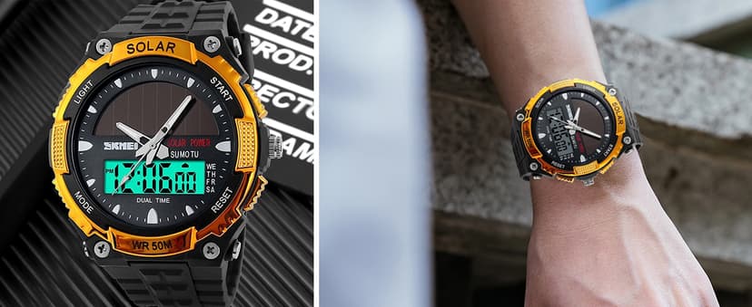 FANMIS Men's Solar Powered Casual Quartz Wrist Watch Analog Digital Multifunctional Black Sports Watch