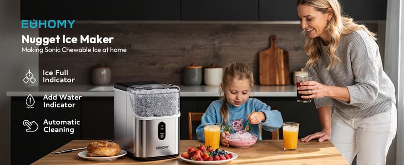 EUHOMY Nugget Ice Maker Countertop, Ready in 7 Mins, 35Lbs/24H Pebble Ice Maker Machine, Self-Cleaning Countertop Sonic Ice Makers with Ice Scoop&Basket, Pellet Ice Maker for Home, Stainless Steel
