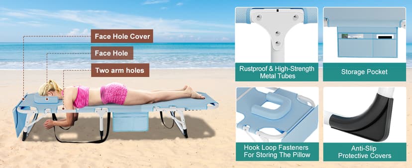 DoCred Heavy Duty XXL Tanning Chair with Face Hole&Mat, Oversized 5-Position Folding Chaise Lounge Chairs for Outside, Portable Beach Lounge Chair for Outdoor Sunbathing Beach Pool Lawn Camping