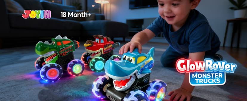 JOYIN 3 Pack Monster Truck Toy - Motion Activated Light Up Cars for Toddlers - Monster Glow Rover LED Wheels - Baby Boy Toys - Press and Go Dinosaur Trucks for Kids Boys Birthday Gifts for Christmas