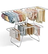 APEXCHASER Clothes Drying Rack, Stainless Steel Drying Rack Clothing with Height-Adjustable, Foldable Gullwings Laundry Drying Rack, Indoor Outdoor Use, No Assembly