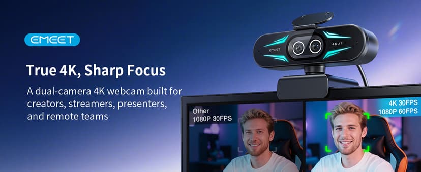 EMEET C60E Dual-Camera 4K Webcam for Streaming, Wide-Angle and Telephoto Cameras, Max 11X Hybrid Zoom & PDAF Autofocus, Remote Control, RGB Lighting, 2 Mics, Ideal for Livestreaming and Online Meeting