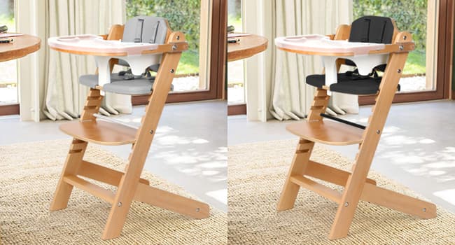 Cowiewie 3-in-1 Convertible Natural Wooden High Chair for Babies & Toddlers 3-Tier Remove & 2 Adjustable Wood Tray & 8 Levels Adjustable, 2 Waterproof Cozy Cushions Grey