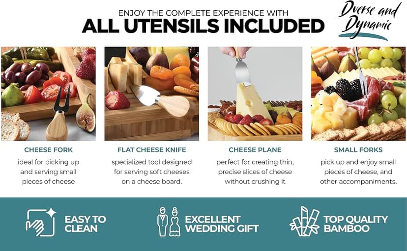 Complete Serving Set with Utensils & Trays, Entertaining, House Warming, Wedding, Bridal Shower & Birthday Gift for Women Bamboo Charcuterie Board Set, Large Cheese Board 3-Drawer with Accessories B0BKLRWSZW