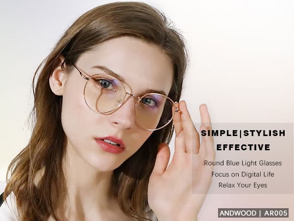 ANDWOOD Blue Light Blocking Glasses Women Men Small Face Computer Clear Bluelight Blocker Super Lightweight Metal Frame Round