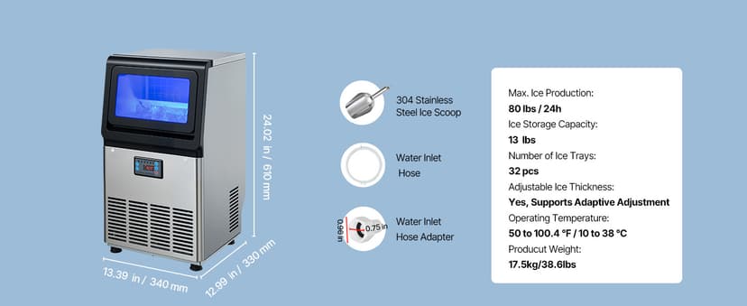VEVOR Commercial Ice Maker Machine, 265 lbs/24h with 85 lbs Storage Capacity, Built-in/Freestanding/Under Counter, Stainless Steel Ice Maker with LED Display & Self-Cleaning, for Home Bar Restaurant
