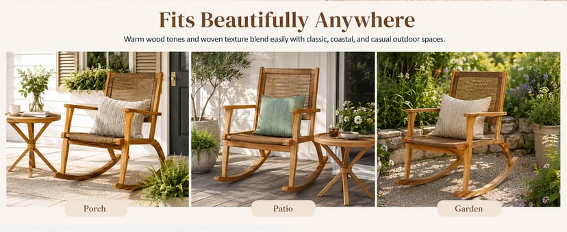Acacia Wood Outdoor Rocking Chair Set of 2, Natural Wicker Outdoor Rockers with Wicker Rattan Seat & Backrest, 400 lbs Capacity Heavy Duty Rocker for Garden, Backyard & Balcony (Natural)