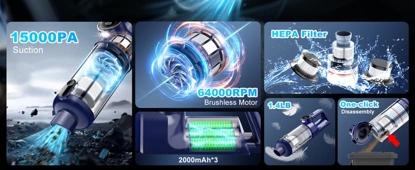 MONOZEL Handheld Vacuum Cordless - Car Vacuum Cleaner with Brushless Motor, 15kPa Powerful Suction Vacuum with LED Light, Type C Port, 2 Fliters, Portable Hand Vacuum for Home, Pet and Car